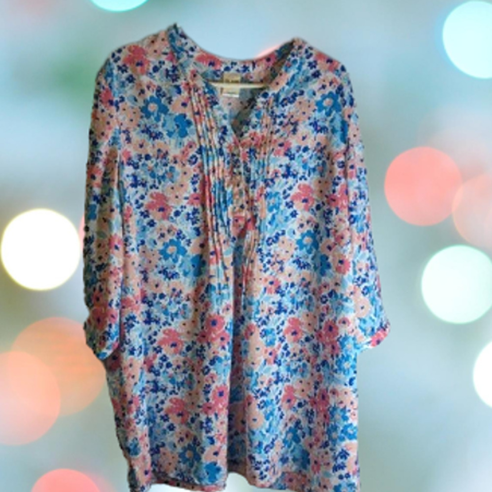 Blair 2XL 3/4 sleeve, blue, pink, v neck top. Work, Party, Travel, fall/winter